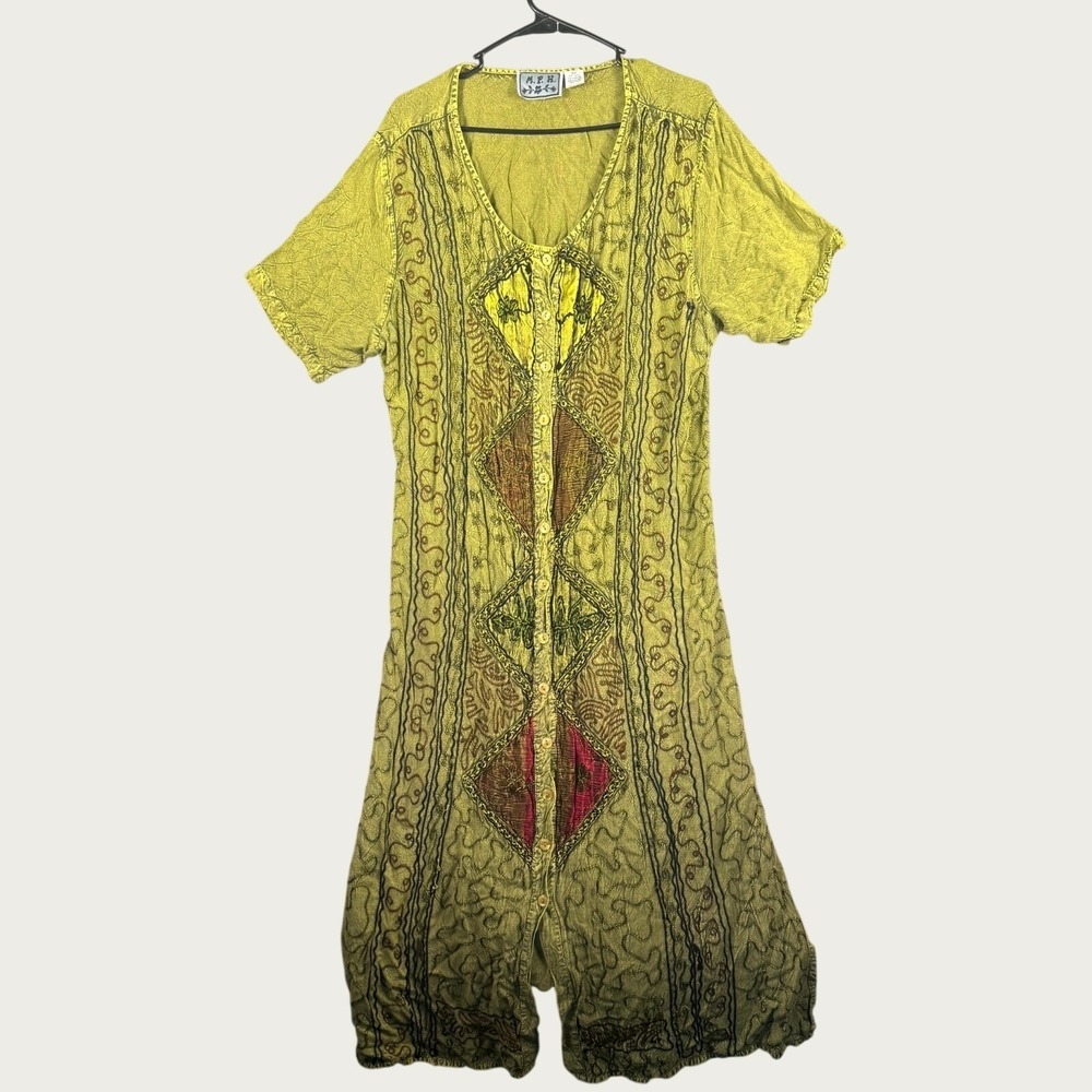 Vintage 90s M.P.H. Embroidered Patchwork Maxi Dress 3X Boho Whimsy Rayon India